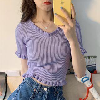 Short Sleeve Round Neck Ruffle Trim Crop Top