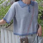 Short-sleeve Houndstooth Cropped Polo Knit Top