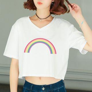 Short-sleeve V-neck Rainbow Print Cropped T-shirt