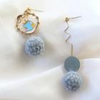 925 Sterling Silver Asymmetric Pom Pom Dangle Earring