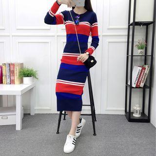 Long-sleeve Striped Midi Sheath Knit Dress