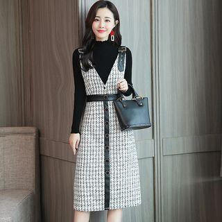 Mock-neck Long-sleeve Knit Top / V-neck Knitted Pinafore Dress / Set