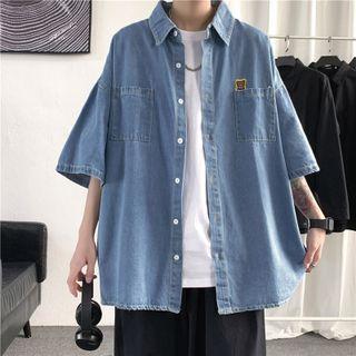Elbow-sleeve Cartoon Embroidered Denim Shirt