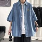 Elbow-sleeve Cartoon Embroidered Denim Shirt