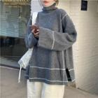 Contrast Trim High-neck Slit Long-sleeve Sweater
