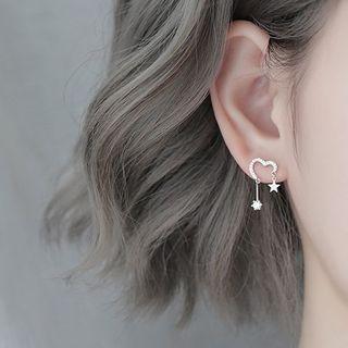 Heart Star Rhinestone Fringed Sterling Silver Earring 1 Pair - Silver - One Size