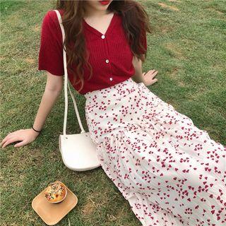 Short-sleeve Cardigan / Heart Print A-line Midi Skirt