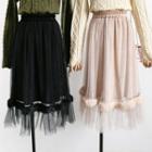 Faux Fur-trim Mesh-overlay Velvet Skirt