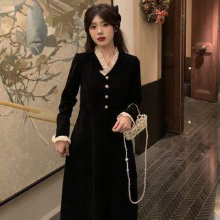 Long-sleeve Lace Trim Mid A-line Corduroy Dress