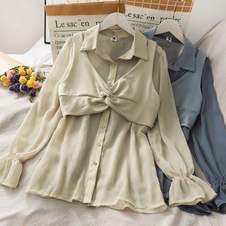 Set: Loose-fit Sheer Chiffon Shirt + Twisted Vest