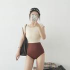 Color Block Swimsuit Beige & Brick Red - One Size