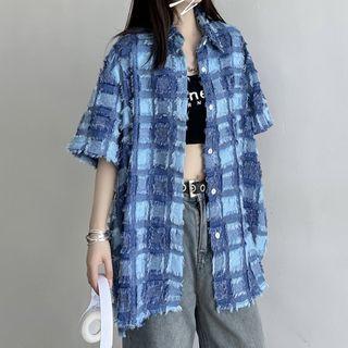 Short-sleeve Plaid Fringed Trim Shirt