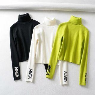 Turtleneck Lettering Cropped Knit Top