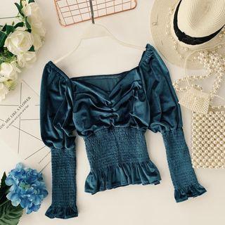 Off-shoulder Long-sleeve Smocked Velvet Top