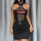 Halter-neck Lettering Fish-net Paneled Studded Bodycon Dress