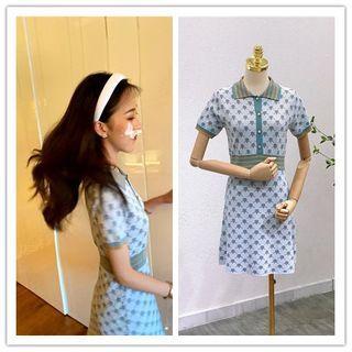 Patterned Collared Short-sleeve Mini A-line Knit Dress