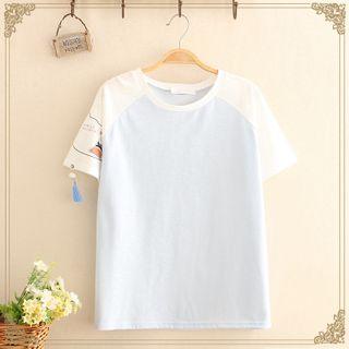 Color-block Printed Tassel Short-sleeve Top