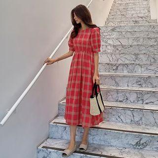 Puff-sleeve Plaid Long Empire Dress Red - One Size