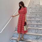 Puff-sleeve Plaid Long Empire Dress Red - One Size