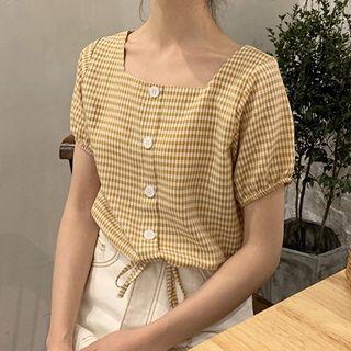 Gingham Short-sleeve Square Neck Blouse