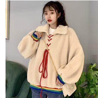 Faux Shearling Lace-up Collared Pullover