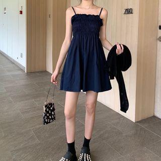 Plain Strappy A-line Dress Navy Blue - One Size