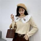 Flower Embroidered Collar Cable Knit Sweater