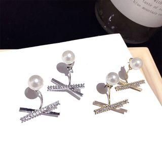 Faux Pearl Rhinestone Cross Earring