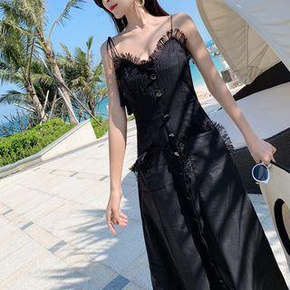 Spaghetti Strap Fringe Trim A-line Midi Dress
