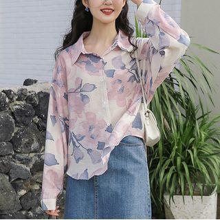 Chiffon Floral Long-sleeve Shirt Pink - One Size