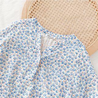 Elbow-sleeve V-neck Floral Print Shirt Blue - One Size