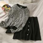 Set: Striped Button-down Knit Top + Mini Skirt