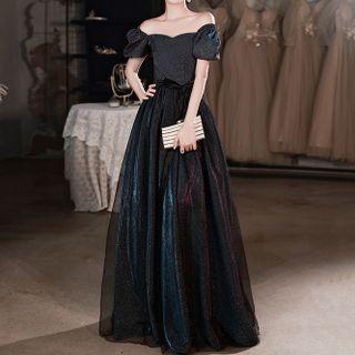 Puff-sleeve Off-shoulder Glitter A-line Gown