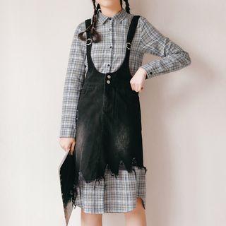 Set: Plaid Shirt Dress + Pinafore Dress