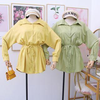 Set: Open Tie-back Plain Shirt With Sash + Shorts