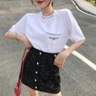 Elbow-sleeve Pocket T-shirt / Sequined A-line Mini Skirt