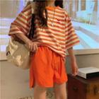 Color Block Striped T-shirt / Slit Elastic Waist Shorts