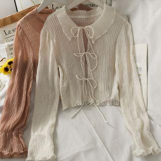 Collared Tie-front Pleated Chiffon Top