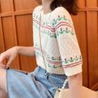 Short-sleeve Floral Knit Top Beige - One Size
