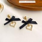 Bow Heart Drop Earring 1 Pair - Black Bow - Gold - One Size
