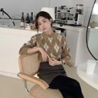 Collared Argyle Knit Top Dark Beige - One Size