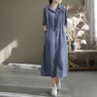 Long-sleeve Henley Drawstring Denim Midi Shirt Dress