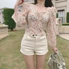 Long-sleeve Floral Print Faux Pearl Chiffon Blouse Yellow & White - One Size