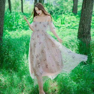 Sequined Off Shoulder Elbow Sleeve Evening Dress