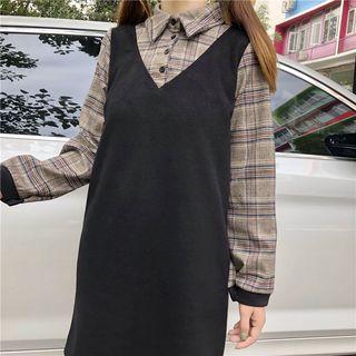 Mock Two-piece Long-sleeve Plaid Panel Mini Collared Dress