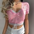 Short Sleeve Bow Accent Lace See-through Crop Top