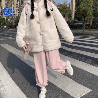 Fleece Hooded Toggle Jacket / Ruffle Trim Straight Leg Pants