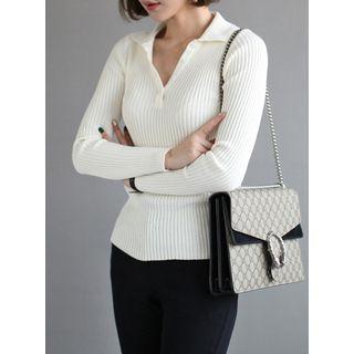 Collared Button-front Rib-knit Top