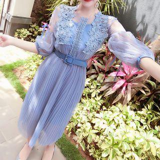 Crochet Trim Elbow Sleeve Midi Dress