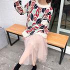 Flower Pattern Sweater / A-line Midi Mesh Skirt